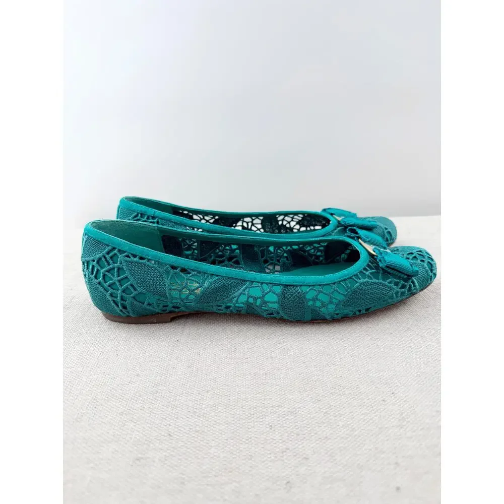 Salvatore Ferragamo Varina Lace Slip On Round Toe Ballet Flat Turquoise Women 40